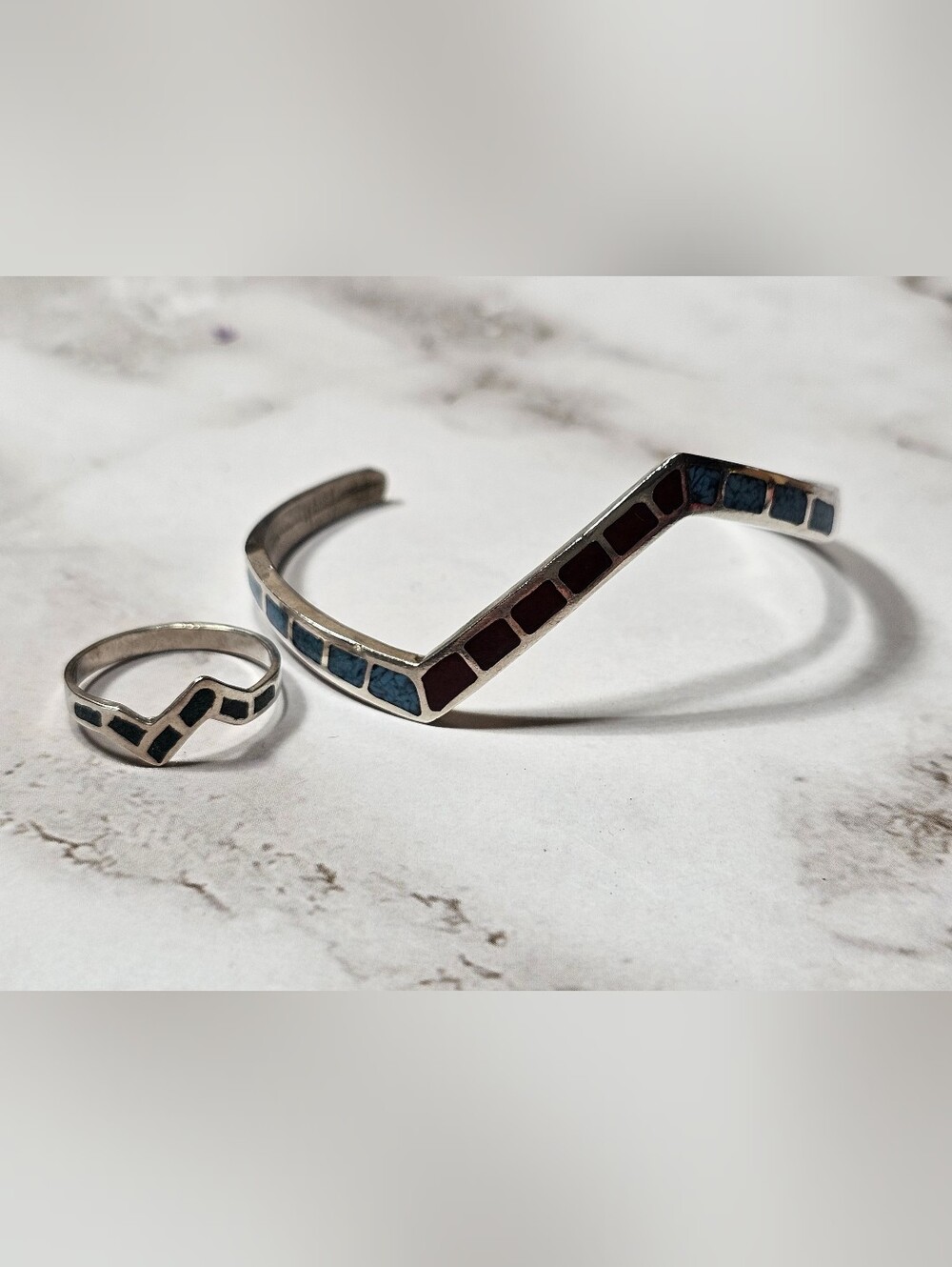 Vintage Sterling and Inlaid Stone cuff with matching ring